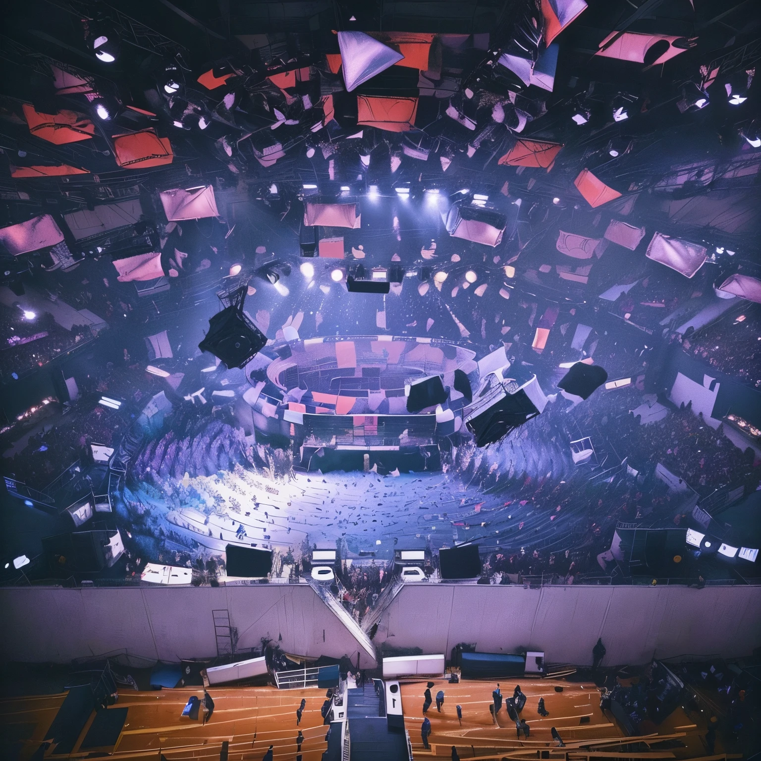 there are many people standing in a room with a large painting on the wall, on an empty stage from above, abstract Mosh Pit, circular well, wide shot from above, shot from above, Concert photo, Below is the crowd, [ aerial view of a table ]!!, Mosh Pit, photo from above, rave scene, shot in 35mm