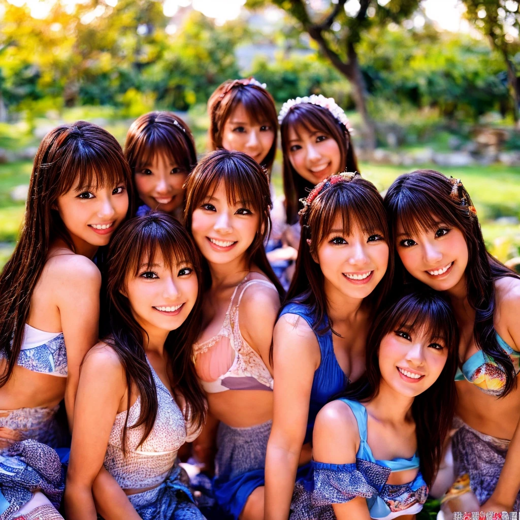 Close-up、masterpiece, 4K, Bokeh, , Beautiful girls, Group photo, Harem, Multiple Girls, (Japanese Idols:1.6), Bob Hair, close, classroom, sunset, Looking at the audience, Cowboy Shot