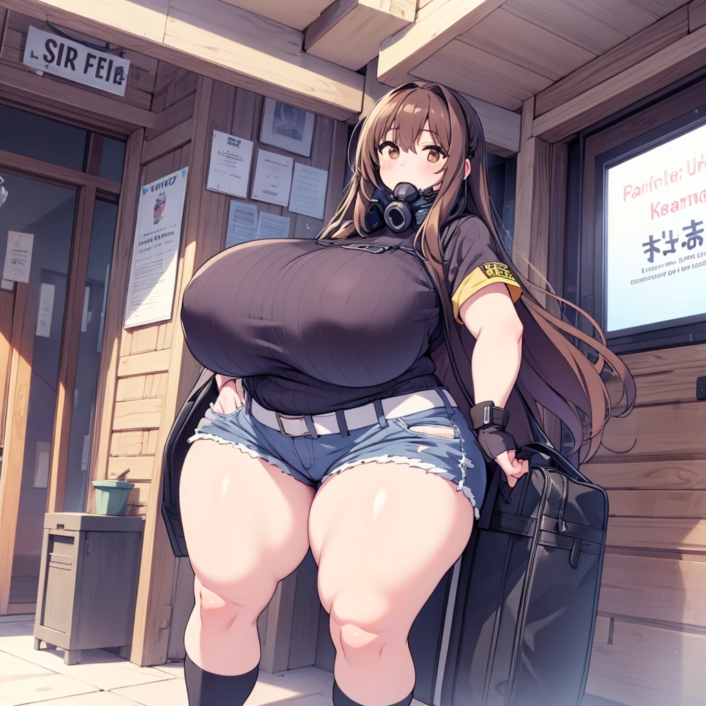 Highest quality, 1girl, solo, brown hair, long hair, brown eyes, gigantic breasts, thick thighs, black techwear, standing, respirators, shorts