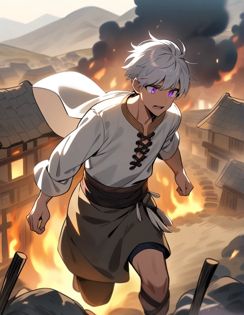 Greek boy with white hair, violet eyes, wearing peasant clothes, desperate and running alone through his burning village