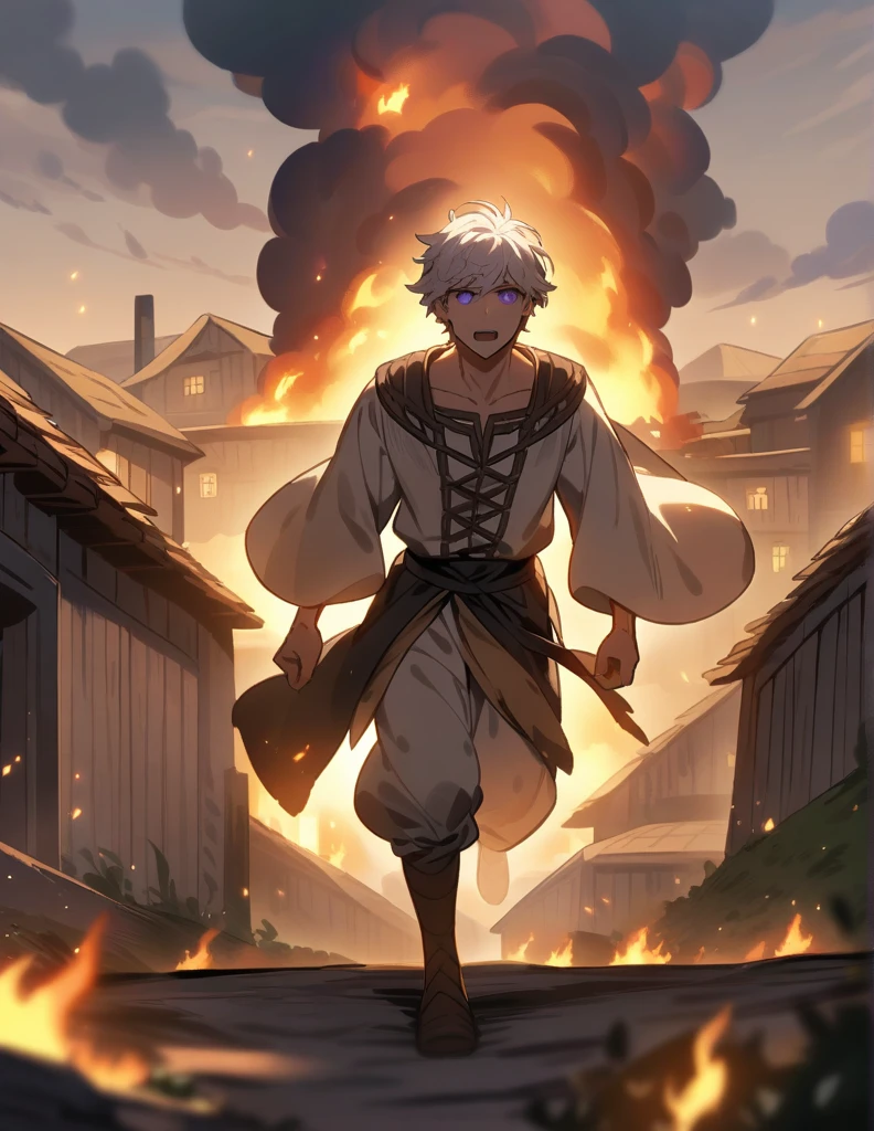 Greek boy with white hair, violet eyes, wearing peasant clothes, desperate and running alone through his burning village