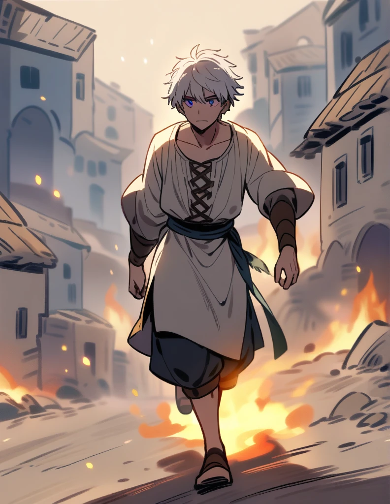 Greek boy with white hair, violet eyes, wearing peasant clothes, desperate and running alone through his burning village