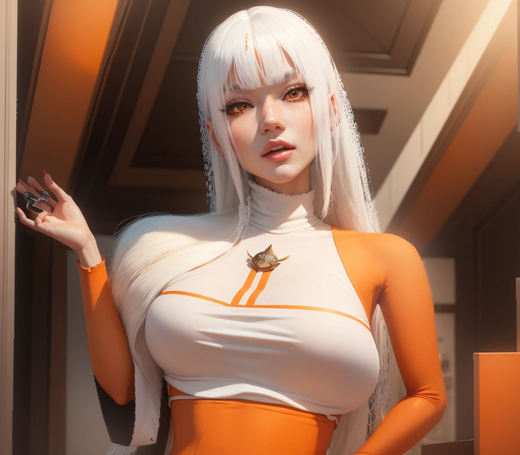 AVATAR SECOND LIFE garota coreana usando orange blouse, orange blouse, orange, Asian, long white hair, White hair,, Perfect and detailed face, imvu, maximalist details, AVATAR SECOND LIFE Korean blusa , neon, realistic white hair,