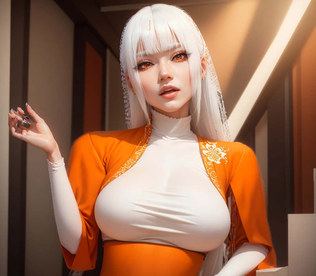 AVATAR SECOND LIFE garota coreana usando orange blouse, orange blouse, orange, Asian, long white hair, White hair,, Perfect and detailed face, imvu, maximalist details, AVATAR SECOND LIFE Korean blusa , neon, realistic white hair,