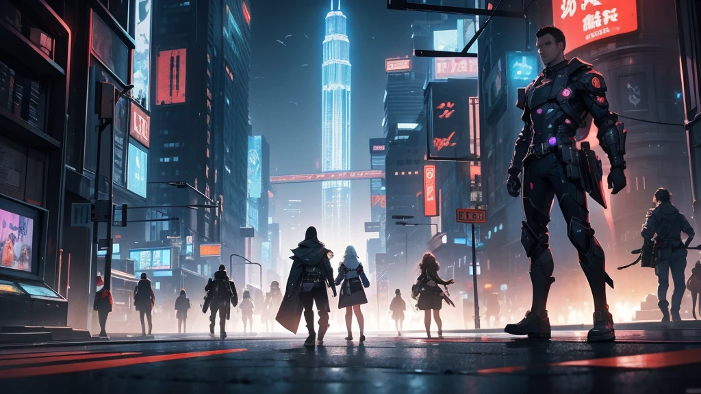 Please create a detailed map for a tabletop RPG with a futuristic and cyberpunk setting. The map should include a large city with towering skyscrapers and neon signs, bustling streets with flying vehicles, industrial areas with automated factories, and some darker, more run-down neighborhoods. Also, include a central zone that serves as a meeting point or market where characters can interact and trade. The atmosphere should be technological, with touches of dystopia and high technology present in all aspects of life.