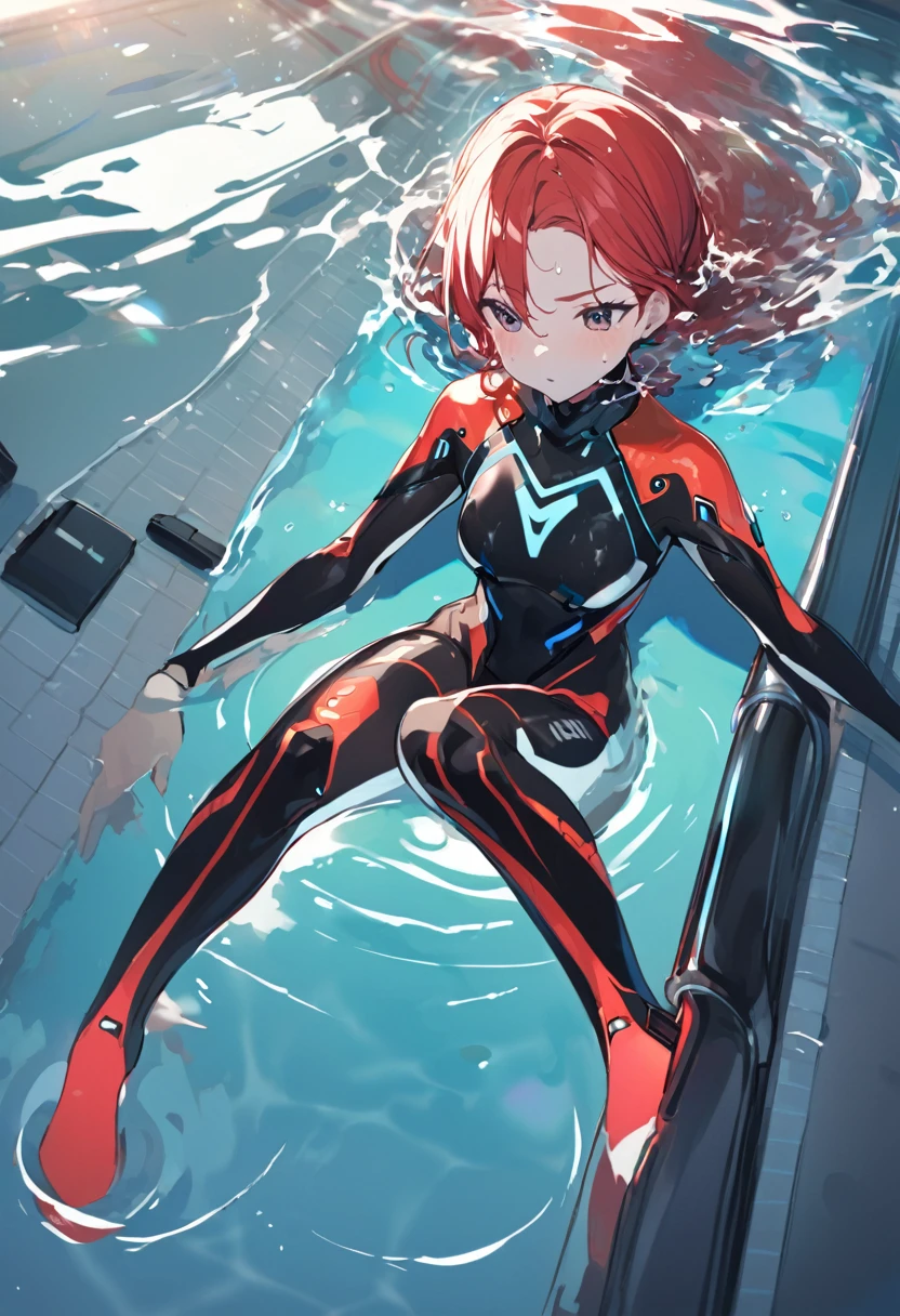 red-haired girl, with cybernetic wetsuit, body soaking wet, swimming pool with milky water. 