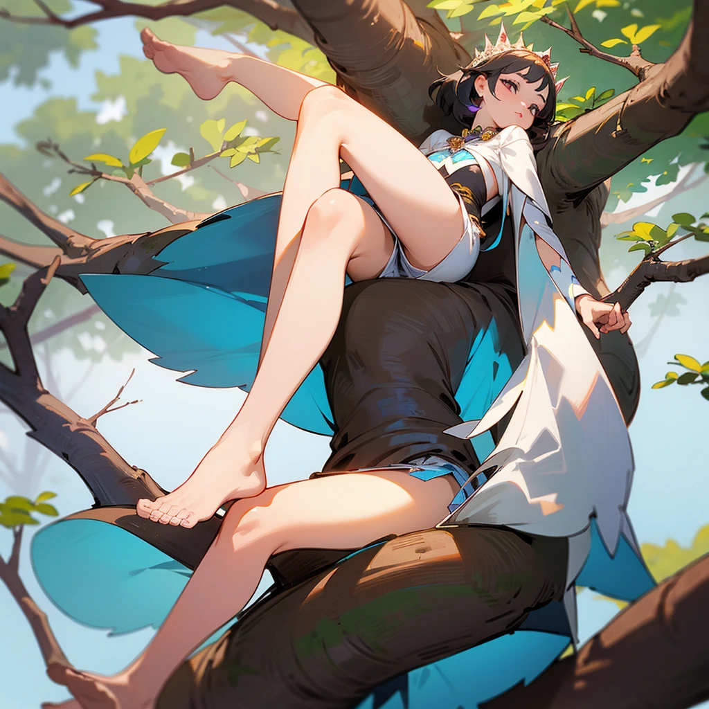 A beautiful princess in a short dress showing her legs sitting on a tree branch