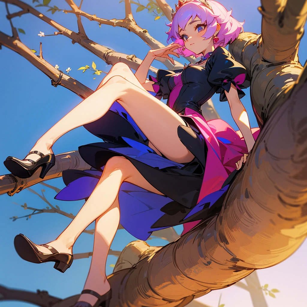 A beautiful princess in a short dress showing her legs sitting on a tree branch