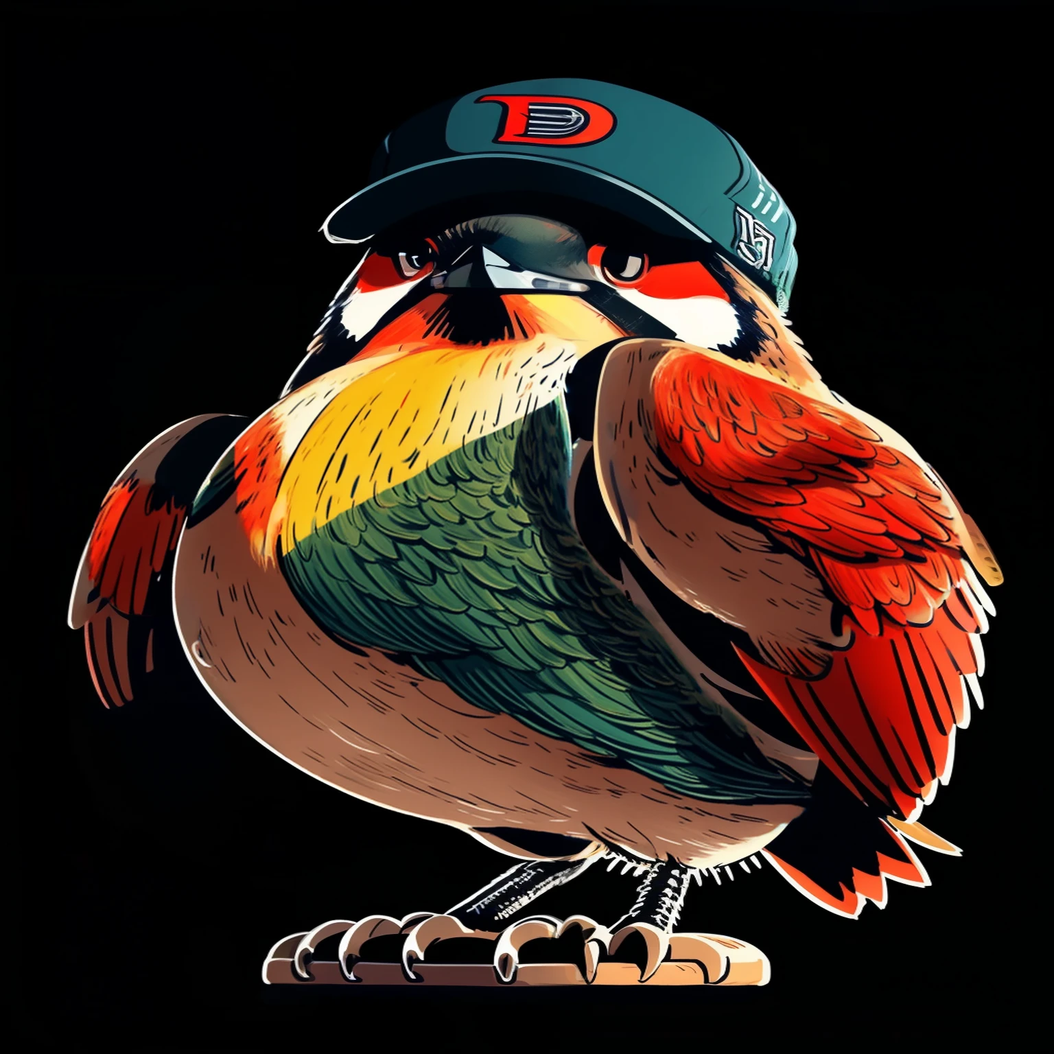 a woodpecker looking directly at the viewer, wearing a baseball cap, extremely detailed feathers, cartoon style, (best qualityer,8K,high resolution,work of art:1.2),ultra detali,(realisitic,photorealisitic,photo-realisitic:1.37),dramatic lighting,bright coloured,wild animals,portraite,animal,Bird,natural body standing on a branch , red and black plumage