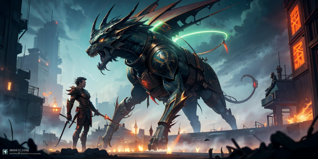 Ancient anime style, artbook, comicbook, RPG, futuristic medieval. Warrior in dragon rat armor, with human face with glowing magic tattoos, red neon details, with technological medieval armor with glowing magic marks, full body, sword with long handle with glowing magic marks. Epic scene, wide and deep scenery, with several depth planes, stylish and dynamic pose. In the middle of a retro atompunk magical metropolis, mixing technology and vegetation, buildings with neon details and glowing magical vegetation, technological magical airships with glowing details in the sky.