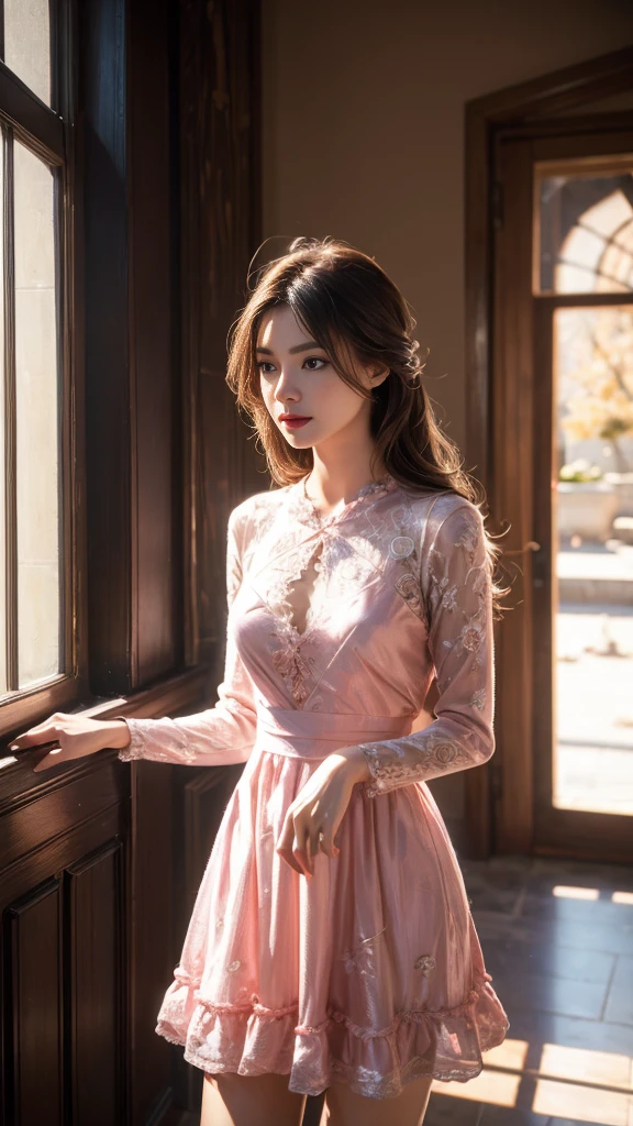 8K, UHD, MAsterpiece, best quality, 1 girl, (realistic face), happy pace, very long hair, small breasts, decorated dress, very beautiful ornaments dress, pink color, lace, mesh dress, sardine, loops, in the balcony, ipllers, depth of field, cinematic lighting, chromatic aberration, motion blur, glowing light, god rays, ray tracing, reflection light, backlighting, knee short, standing,