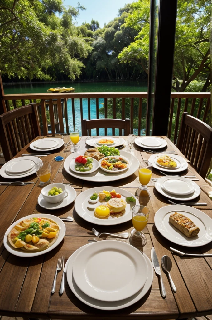 Break fast, morning, buenos aires, vue plongée, main droite à côté de l'assiette, table en bois, soleil, 