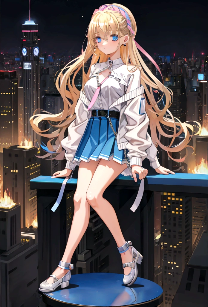 Eyecolor: Blue, Haircolor: Blond, Age: 15, Height: 165 cm, Weight: 59 kg, Skirt: blue left-open-side mini-skirt, Top: Light pink Sleeveless shirt, Jacket: Denim Jacket, Shoe's: White sneakers with pink accents, Watch: Apple Watch Ultra 2 (Wearing on Left Arm)