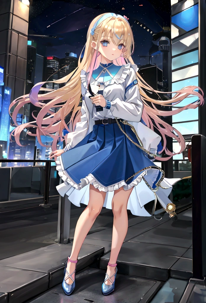 Eyecolor: Blue, Haircolor: Blond, Age: 15, Height: 165 cm, Weight: 59 kg, Skirt: blue left-open-side mini-skirt, Top: Light pink Sleeveless shirt, Jacket: Denim Jacket, Shoe's: White sneakers with pink accents, Watch: Apple Watch Ultra 2 (Wearing on Left Arm)