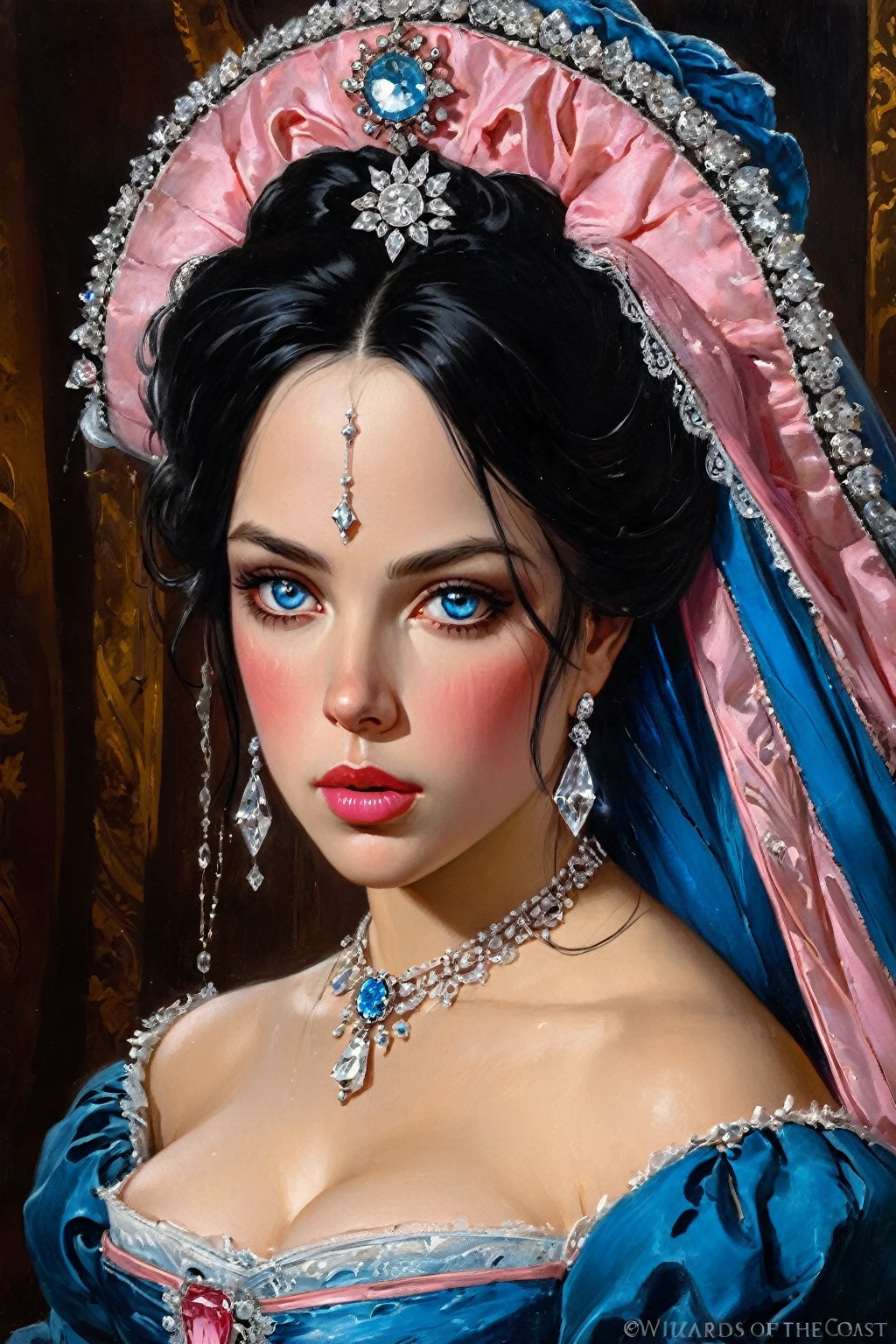 Victorian Hungarian women Women of the 18th century, very detailed Bright straight Black hair, Pink lips, very detailed Bright Diamond Blue eyes, Nice features, Wadim Kashin, James Gurney, ink, Splash Art, Amazing beauty, Royo, after sexing, Super detailed splash art modern European oil ink painting, Big Gorgeous chests, Gorgeous Body, oil painting, very detailed Brigth Diamond eyes, very detailed skin, Blush, Greg Rutowski.