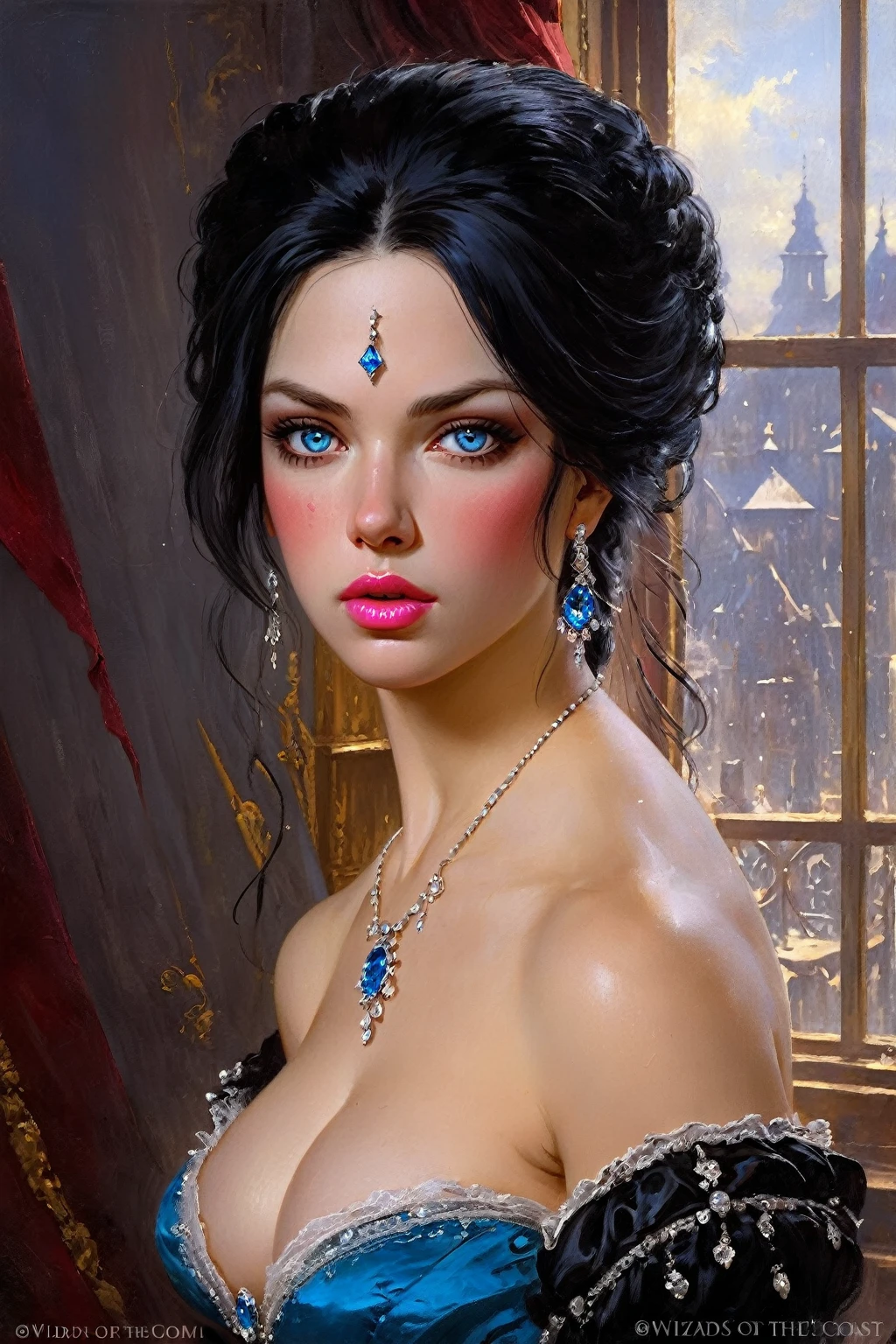 Victorian Hungarian women Women of the 18th century, very detailed Bright straight Black hair, Pink lips, very detailed Bright Diamond Blue eyes, Nice features, Wadim Kashin, James Gurney, ink, Splash Art, Amazing beauty, Royo, after sexing, Super detailed splash art modern European oil ink painting, Big Gorgeous chests, Gorgeous Body, oil painting, very detailed Brigth Diamond eyes, very detailed skin, Blush, Greg Rutowski.