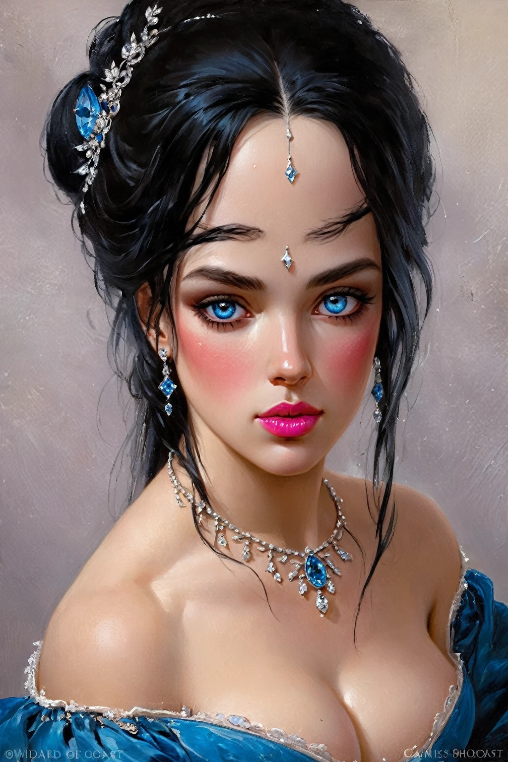 Victorian Hungarian women Women of the 18th century, very detailed Bright straight Black hair, Pink lips, very detailed Bright Diamond Blue eyes, Nice features, Wadim Kashin, James Gurney, ink, Splash Art, Amazing beauty, Royo, after sexing, Super detailed splash art modern European oil ink painting, Big Gorgeous chests, Gorgeous Body, oil painting, very detailed Brigth Diamond eyes, very detailed skin, Blush, Greg Rutowski.