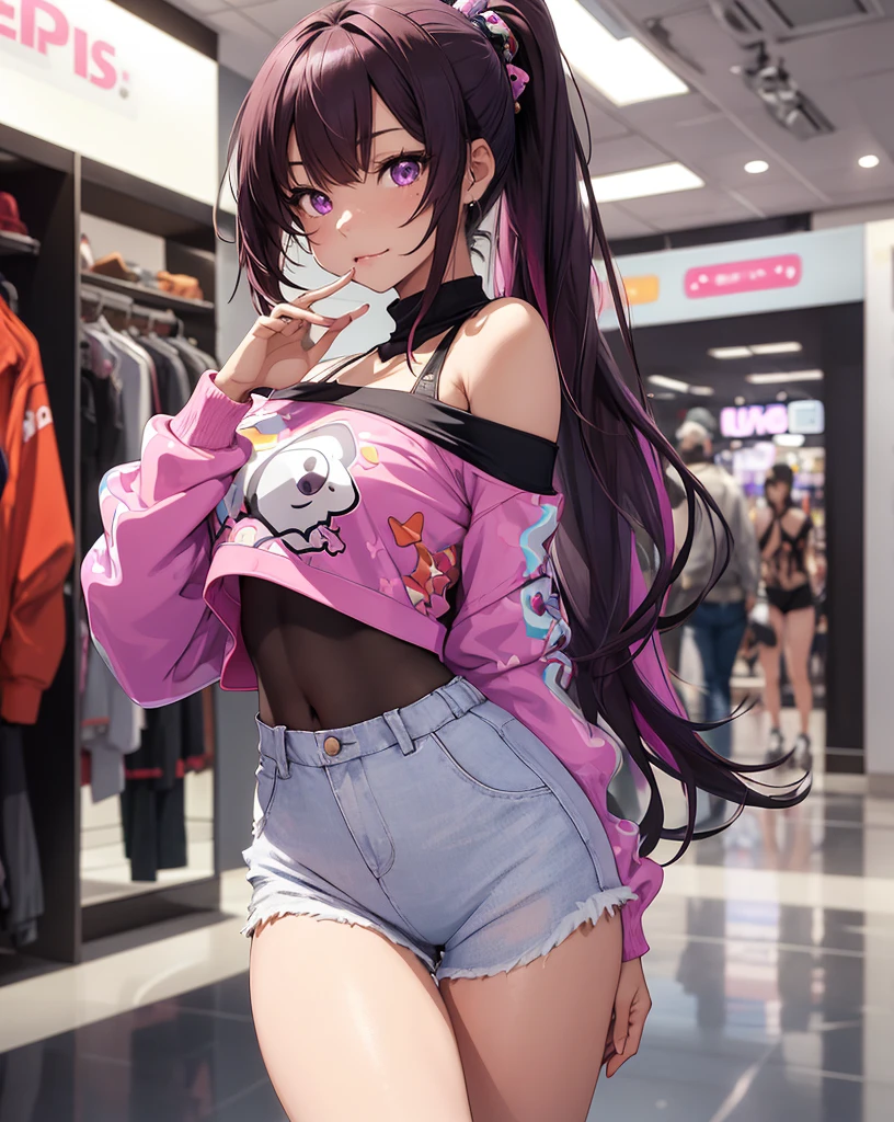 ((master part)), best quality, absurderes, ultra detaild, Holographic, cowboy shot, proportion Aurea, super cute girl, Madura, Idol girl, Super beautiful asian girl with very cute violet bright eyes, Beautiful multicolored bright brown hair, high ponytail, nice and sexy body, body skinny, perfectbody, wearing a super tight anime print knit, Anime Print Super Tight Off Shoulder Long Sleeve Crop Top, a super aesthetic mini transparent jacket, cute hair ornament, Pink Jordan Sneakers, being photographed in a mall store, pulling down shorts showing G-string panties, ((nsfw)), {{Lewd}}