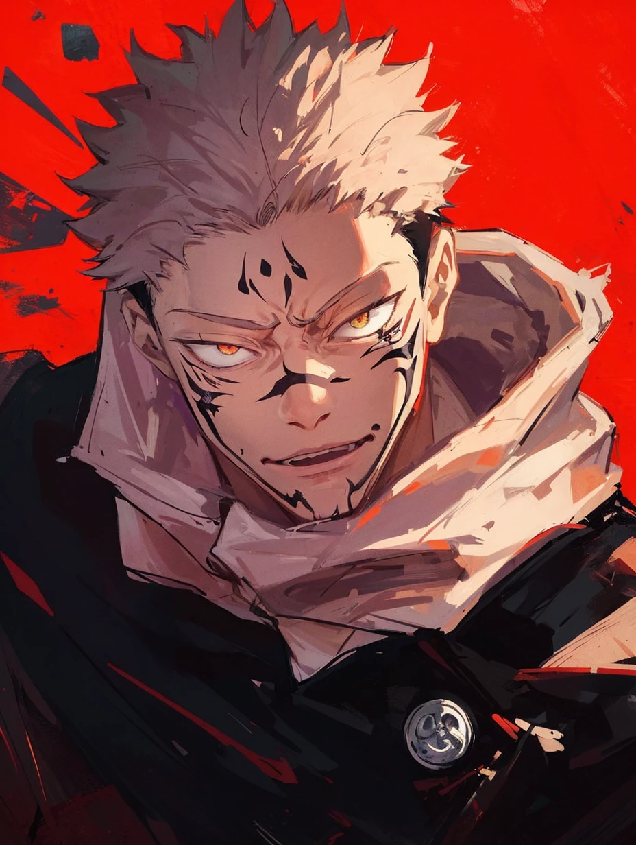Photo out of jujutsu kaisen,yuji itadori,he is hardened,scar on forehead,lip scar