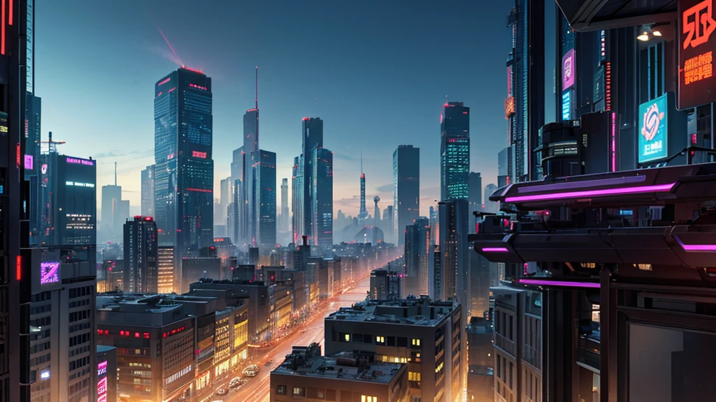 Please create a detailed map for a tabletop RPG with a futuristic and cyberpunk setting. The map should include a large city with towering skyscrapers and neon signs, bustling streets with flying vehicles, industrial areas with automated factories, and some darker, more run-down neighborhoods. Also, include a central zone that serves as a meeting point or market where characters can interact and trade. The atmosphere should be technological, with touches of dystopia and high technology present in all aspects of life.