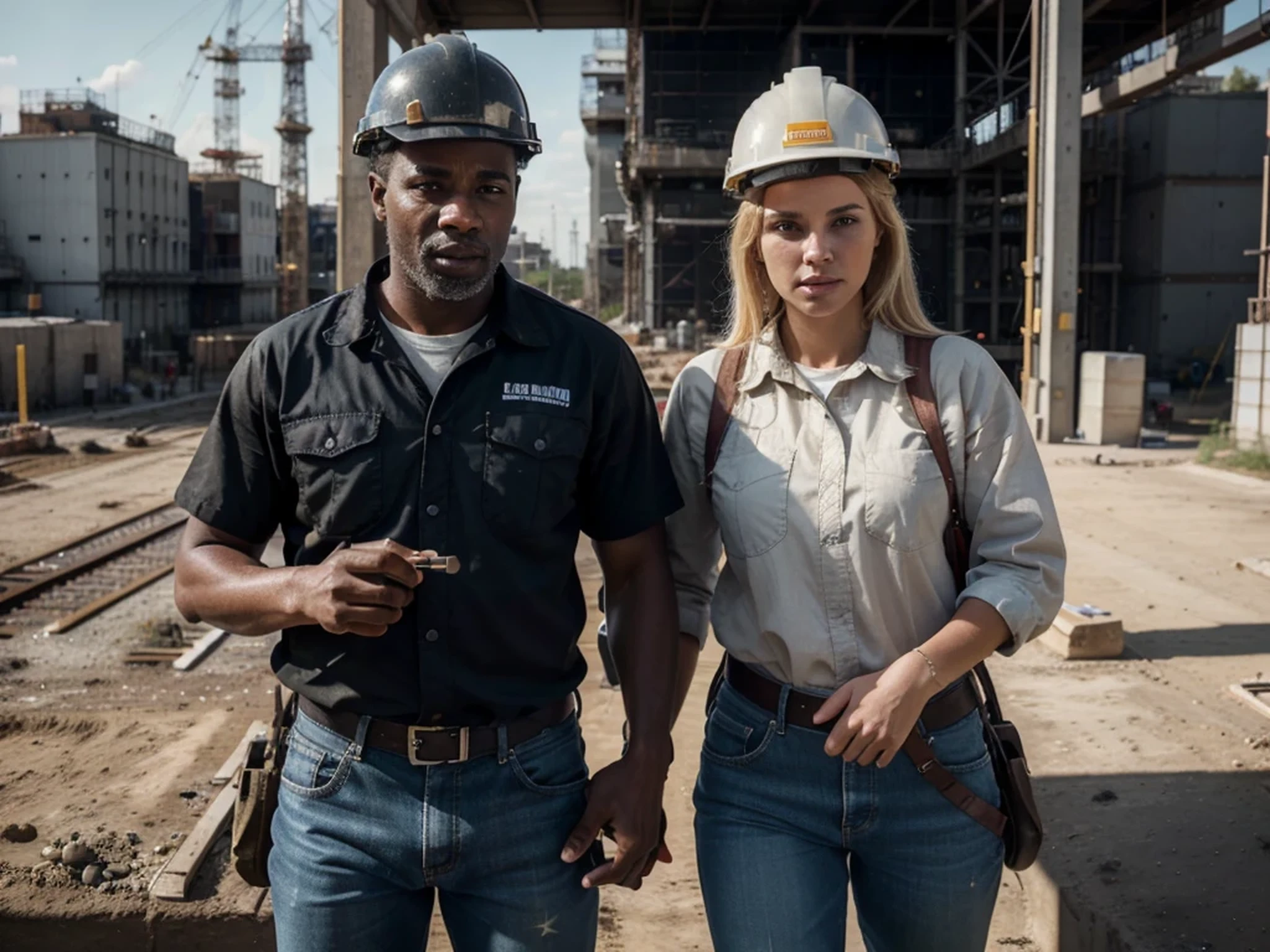 Two workers inside an oil industry, a man and a woman, a blonde hair European woman worker wear worker clothes and construction helmets, a black hair African American man worker wears construction helmet industrial worker clothes, many pipelines, 4k, Ultra detailed image, realistic, Highly detailed, perfect composition, gorgeous, Intricately detailed, incredibly detailed, Art photography 8K, hyper detailed, Masterpiece, Ultra detailed, hyper realistic, 4k, Ultra detailed image, realistic, Highly detailed, perfect composition, beautiful, intricately detailed, incredibly detailed, art photography 8k, hyper detailed, masterpiece