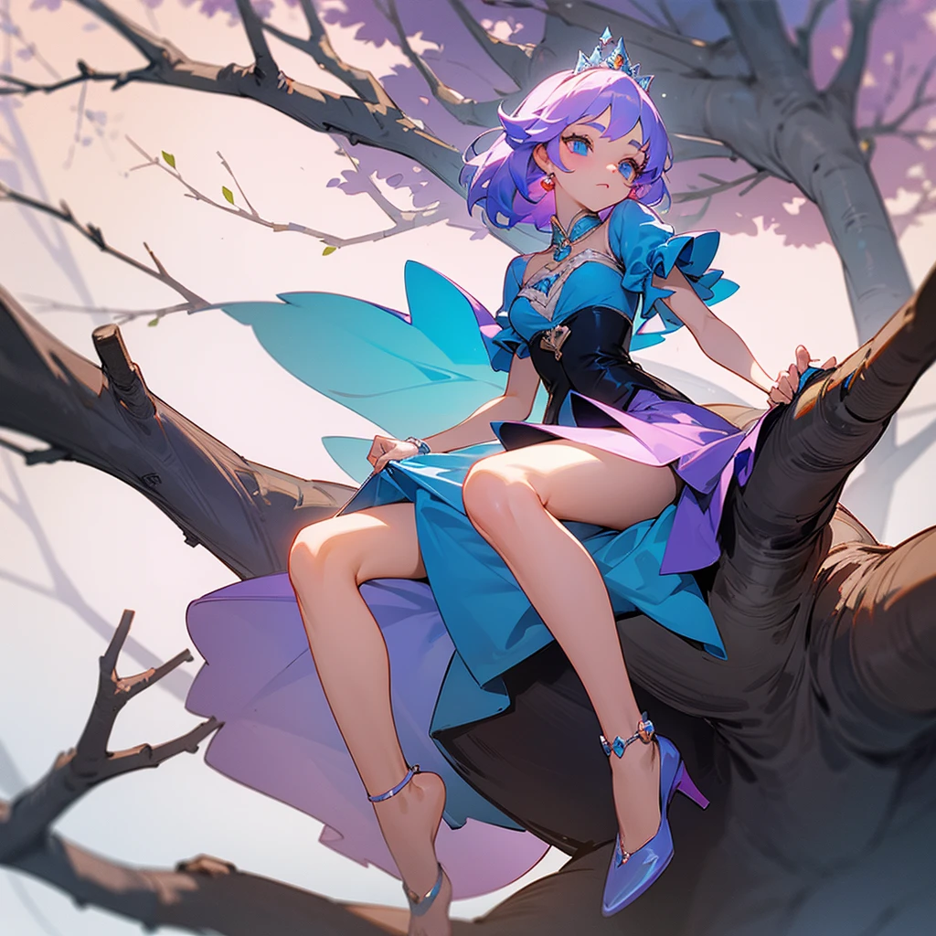 A beautiful princess in a short dress showing her legs sitting on a tree branch