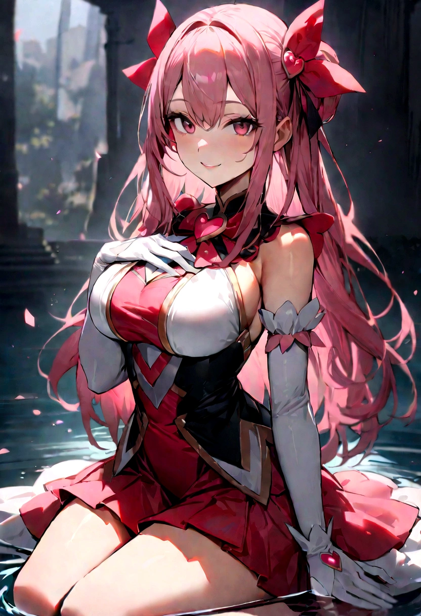 (masterpiece, 最high quality:1.2), High resolution, High resolution, alone, One girl, Droopy eyes, Pink Hair, Magical girl, Long Hair, Pink Eyes, smile, View your viewers, seiza, Heart-shaped hair, Side bust, Magical girl, big, big chest, light smile, teeth, Portrait Shot, Upper Body Shot, Sitting, 桜が舞い散るなかにSitting, foot in water, foot crossed, foot, Thighs, procedure, Blur the background, Are standing, Beautiful Face, Perfect Fingers, Perfect Anatomy, Portrait Shot, masterpiece, high quality.
