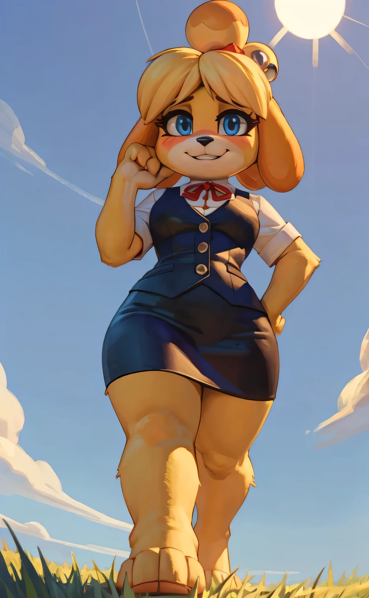[isaCrossing], [Isabelle], [Animal Crossing], [Uploaded to e621.net; (Pixelsketcher), (wamudraws)], ((masterpiece)), ((HD)), ((high res)), ((solo portrait)), ((full body)), ((feet visible)), ((low angle view)), ((furry; anthro)), ((detailed fur)), ((detailed shading)), ((beautiful render art)), {anthro; (slim figure), yellow fur, black nose, (cute blue eyes), (blonde hair), (bells in hair), topknot, fluffy tail, (curvy hips), (beautiful legs), (blushing), (cute smile)}, {(red ribbon in hair), (short green vest), (navy blue pencil skirt)}, {(standing), (nervous demeanor), (looking at viewer)}, [background; (park), (grass plains), (beaten path), (blue sky), (sun rays), (ambient lighting)]