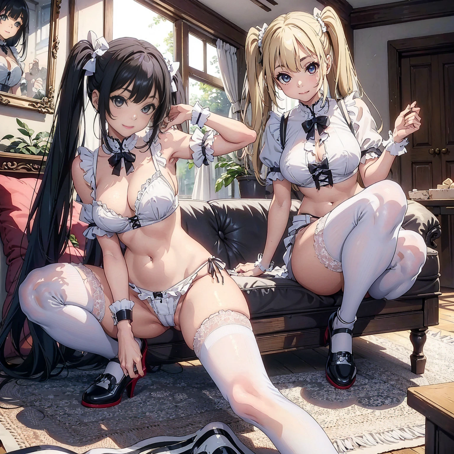 (footjob), Masterpiece、Highest quality、Highest quality, (long and thin legs, shoes:1.2), Arm behind wrist, squat、Spread your legs、1 girl, (smile、Open your mouth大笑い:1.2), Cute eyes, (Detailed face:1.3)、Open your mouth, The whole face turns red, alone, Oversized breasts, Big and ample breasts, (Straight bangs, Twin tails), White maid outfit、Side bust、Underbust、belly button、Walking through the mansion'corridor、nsfw、shoes下