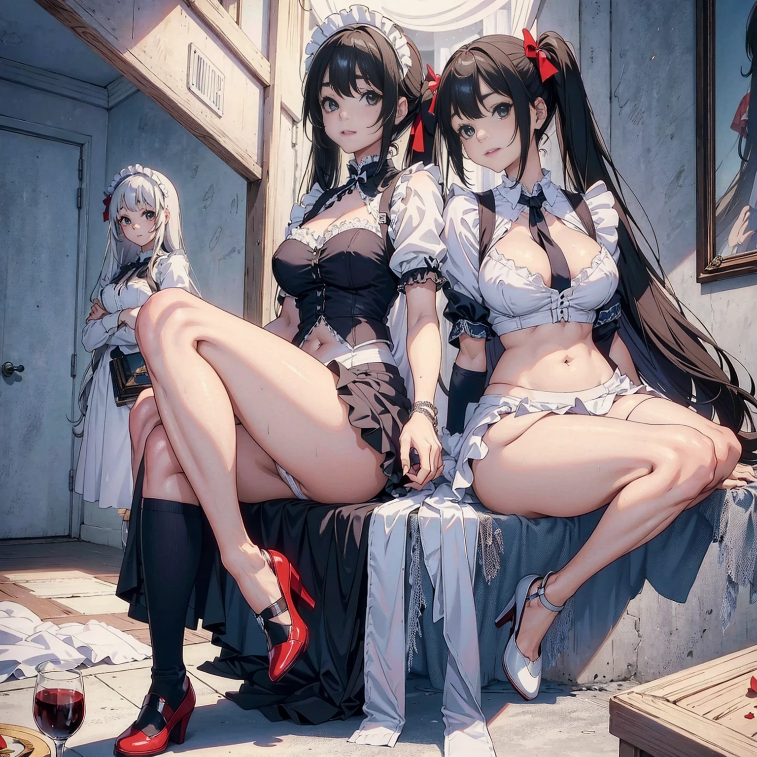 (???????), Masterpiece、Highest quality、Highest quality, (long and thin legs, shoes:1.2), Arm behind wrist, squat、Spread your legs、1 girl, (smile、Open your mouth大笑い:1.2), Cute eyes, (Detailed face:1.3)、Open your mouth, The whole face turns red, alone, Oversized ???????, Big and ample ???????, (Straight bangs, Twin tails), White maid outfit、Side bust、Underbust、belly button、Walking through the mansion'corridor、????、shoes下