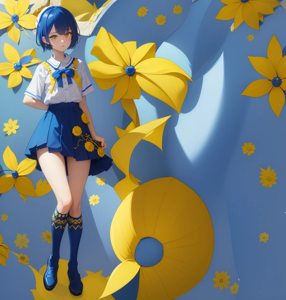 A CUTE GIRL, It is 7 heads tall, short blue hair, yellow eyes that stand out and shine, she is wearing a very small blue skirt (that does not hide its crotch) with yellow horizontal pattern, Under the skirt she has very tight and shiny shorts, they are also very dark blue., She is wearing a blouse that highlights her exuberant breasts., The blouse also has a yellow and blue pattern, He has a yellow ribbon on his head, In his right hand he carries a yellow flower, the background is blue, sun a solid color blue and yellow, there is only one girl, there is only one girl, highlight your hips, she is blushing, she only has two arms and two legs,