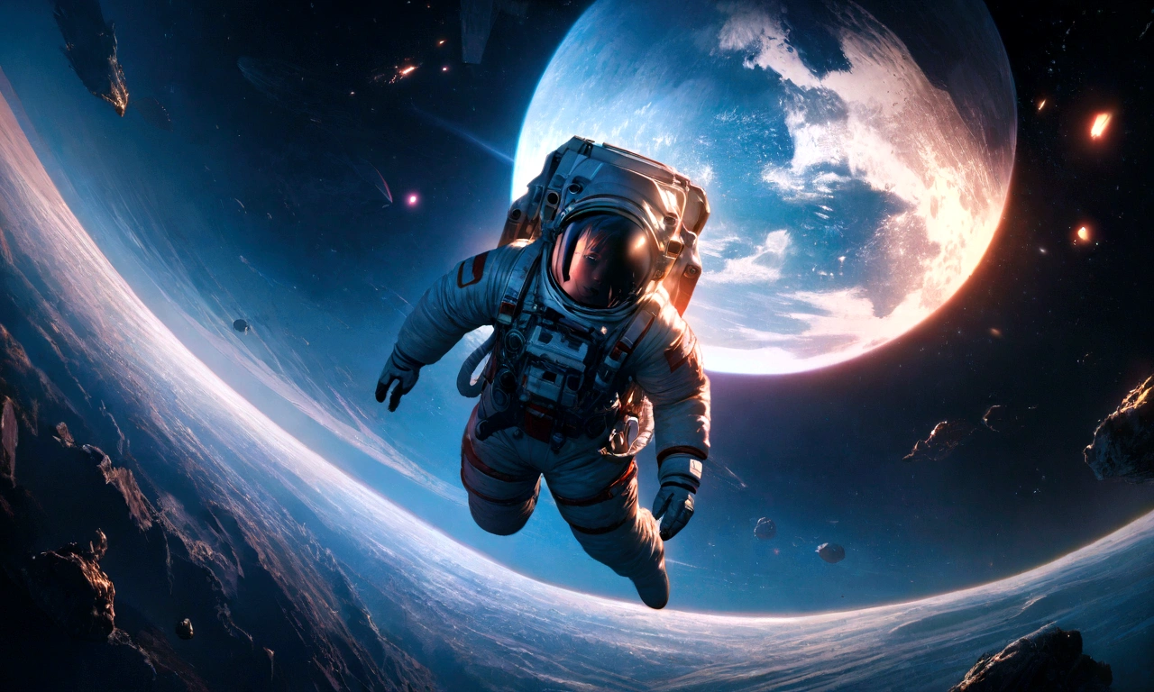 a female astronaut swimming in space, space colony, ultra-detailed, hyperrealistic, 8k, highly detailed, volumetric lighting, cinematic composition, dramatic lighting, realistic textures, vibrant colors, awe-inspiring, breathtaking, mesmerizing, otherworldly, futuristic, advanced technology, glowing spacecraft, floating debris, vast expanse of stars, ethereal atmosphere