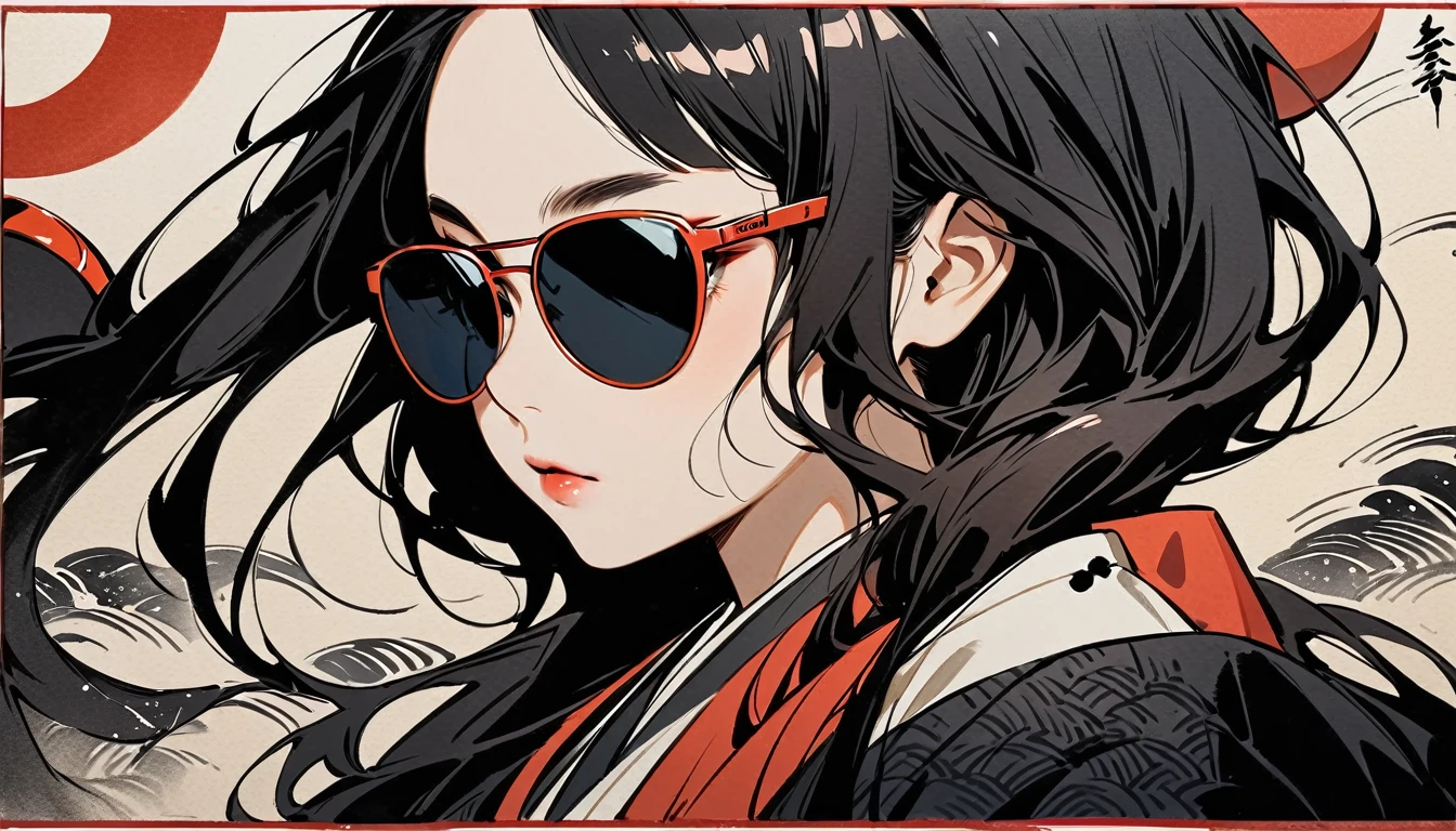 (((Highest quality))), (((Katsushika Hokusai))), (((Ink Painting))), ((very straight longhair)), ((1 girl)), ((sunglasses)), ((beautiful girl)), Japanese style headphones, Black Hair, Delicate and precise, Modern ukiyo-e style, face close up