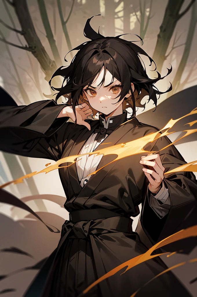 the anime, (Best Quality), 1girl, stands still, (Wide body), (FOREST in the background), ((messy black hair)), EXTREMELY SHORT hair,, ((Impassive brown eyes)), japanese demono slayer clothes, Open black coat ((black patterns)), ((hem at the waist)), The Art of the Demon Slayer, demon slayer artstyle, kimetsu no yaiba, mature MALE, muscular, upper body, perfect brown eyes, MUSCULARRRR, strong