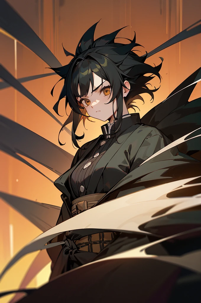 the anime, (Best Quality), 1girl, stands still, (Wide body), (FOREST in the background), ((messy black hair)), EXTREMELY SHORT hair,, ((Impassive brown eyes)), japanese demono slayer clothes, Open black coat ((black patterns)), ((hem at the waist)), The Art of the Demon Slayer, demon slayer artstyle, kimetsu no yaiba, mature MALE, muscular, upper body, perfect brown eyes, MUSCULARRRR, strong