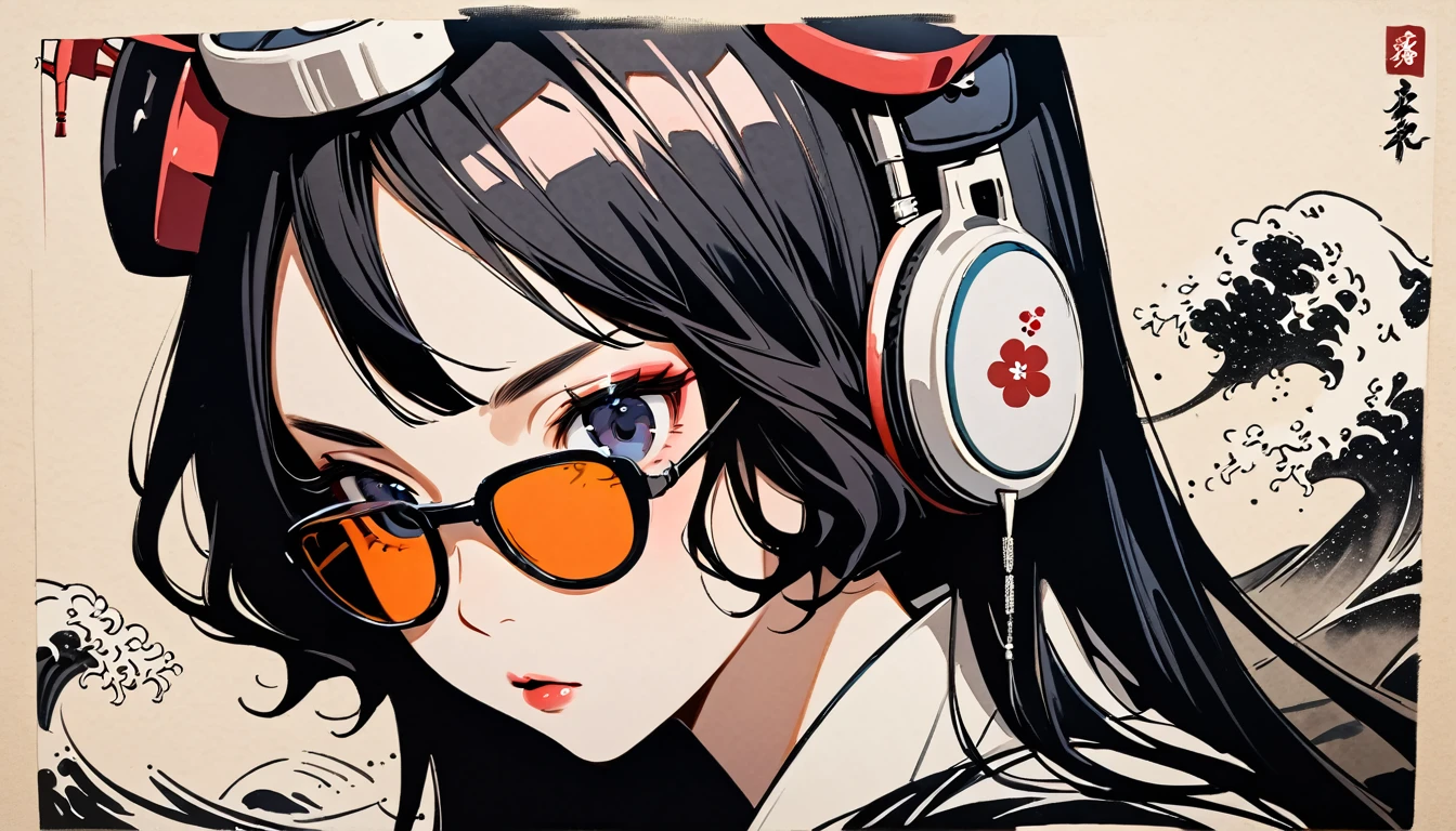 (((Highest quality))), (((Katsushika Hokusai))), (((Ink Painting))), ((very straight longhair)), ((1 girl)), ((sunglasses)), ((beautiful girl)), Japanese style headphones, Black Hair, Delicate and precise, Modern ukiyo-e style, face close up
