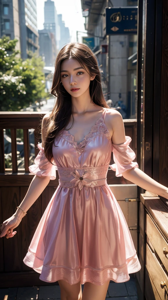 8K, UHD, MAsterpiece, best quality, 1 girl, (realistic face), happy pace, very long hair, small breasts, decorated dress, very beautiful ornaments dress, pink color, lace, mesh dress, sardine, loops, in the balcony, ipllers, depth of field, cinematic lighting, chromatic aberration, motion blur, glowing light, god rays, ray tracing, reflection light, frontlighting, knee short, standing,