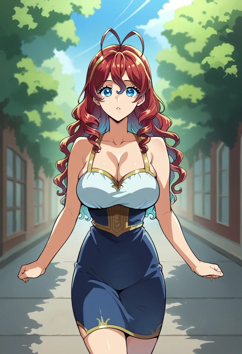 masterpiece, Best quality, 1 girl, long hair, Looking at the viewer, :3, Cute, black , on open air, streets, cowboy shot, big breasts, lush, (((Blue eyes))), makeup gremories, Red hair, antenna hair, Wavy hair, ((beautiful detailed eyes, beautiful detailed glow, A lot of glow)), Anime,