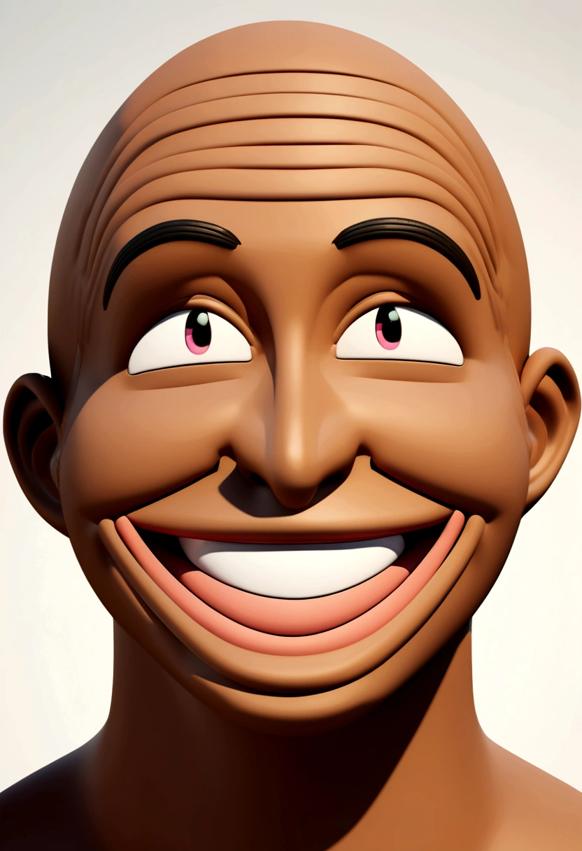 Illustration of smiling man, insane smile, brown skin man with a giant grin, smiling happily at the camera, cheeky smile, he is smiling, very huge smile, smiling male, headshot profile picture, laughing huge smile, drawing in 3D Art style, C4D, pure white color background, Disney  style, pixar style render illustration Super Detail, 8K