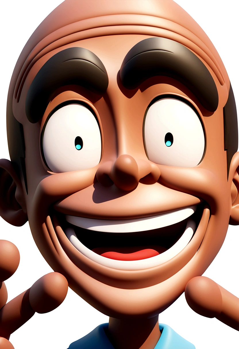 Illustration of smiling man, insane smile, brown skin man with a giant grin, smiling happily at the camera, cheeky smile, he is smiling, very huge smile, smiling male, headshot profile picture, laughing huge smile, drawing in 3D Art style, C4D, pure white color background, Disney style, pixar style render illustration Super Detail, 8K