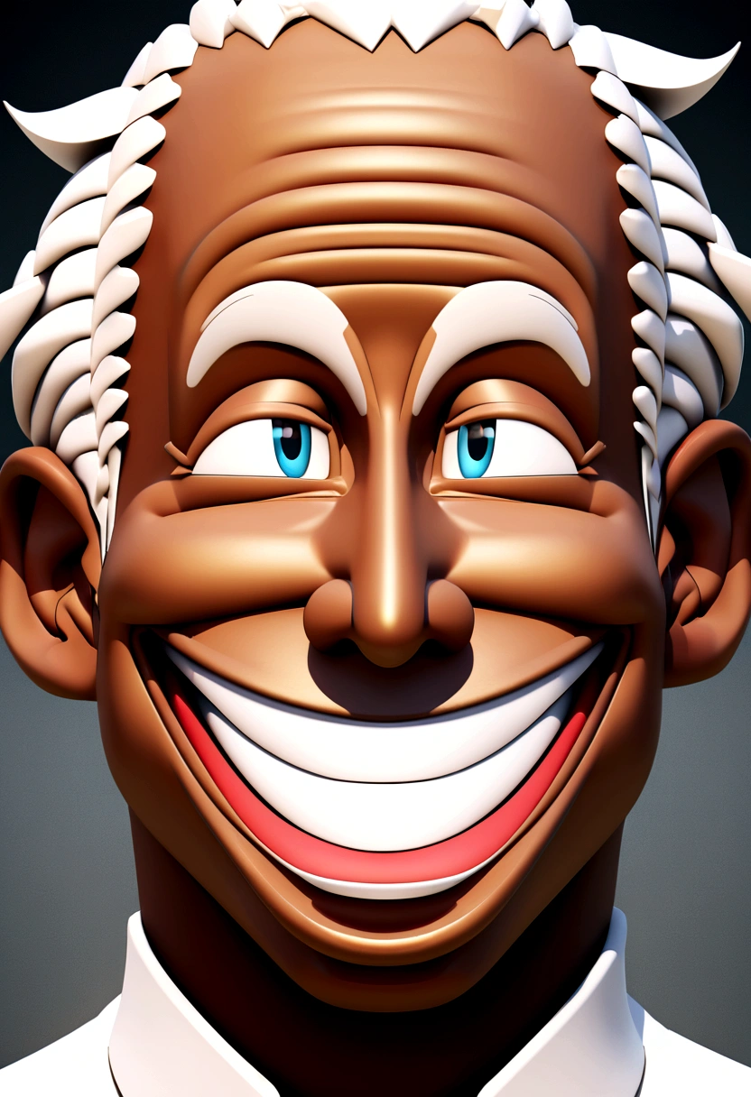 Illustration of smiling man, insane smile, brown skin man with a giant grin, smiling happily at the camera, cheeky smile, he is smiling, very huge smile, smiling male, headshot profile picture, laughing huge smile, drawing in 3D Art style, C4D, pure white color background, Disney style, pixar style render illustration Super Detail, 8K