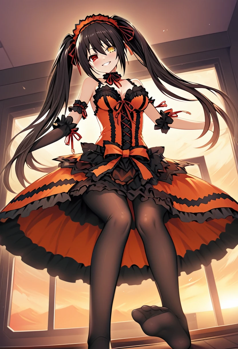 score_9, score_8_up, score_7_up, score_6_up, score_5_up, score_4_up, source_anime, featured on pixiv, Tokisaki Kurumi \(Date A Live\), twintails, heterochromia, red eye, yellow eye, clock eyes, one girl, nsfw, warm colors, (masterpiece,best quality,ultra detailed,highres,very aesthetic,absurdres:1.2), BREAK window, sunset sky ADDROW smiling ADDROW on the floor, detailed soles, both feet up, (feet focus), view from below, foreshortening