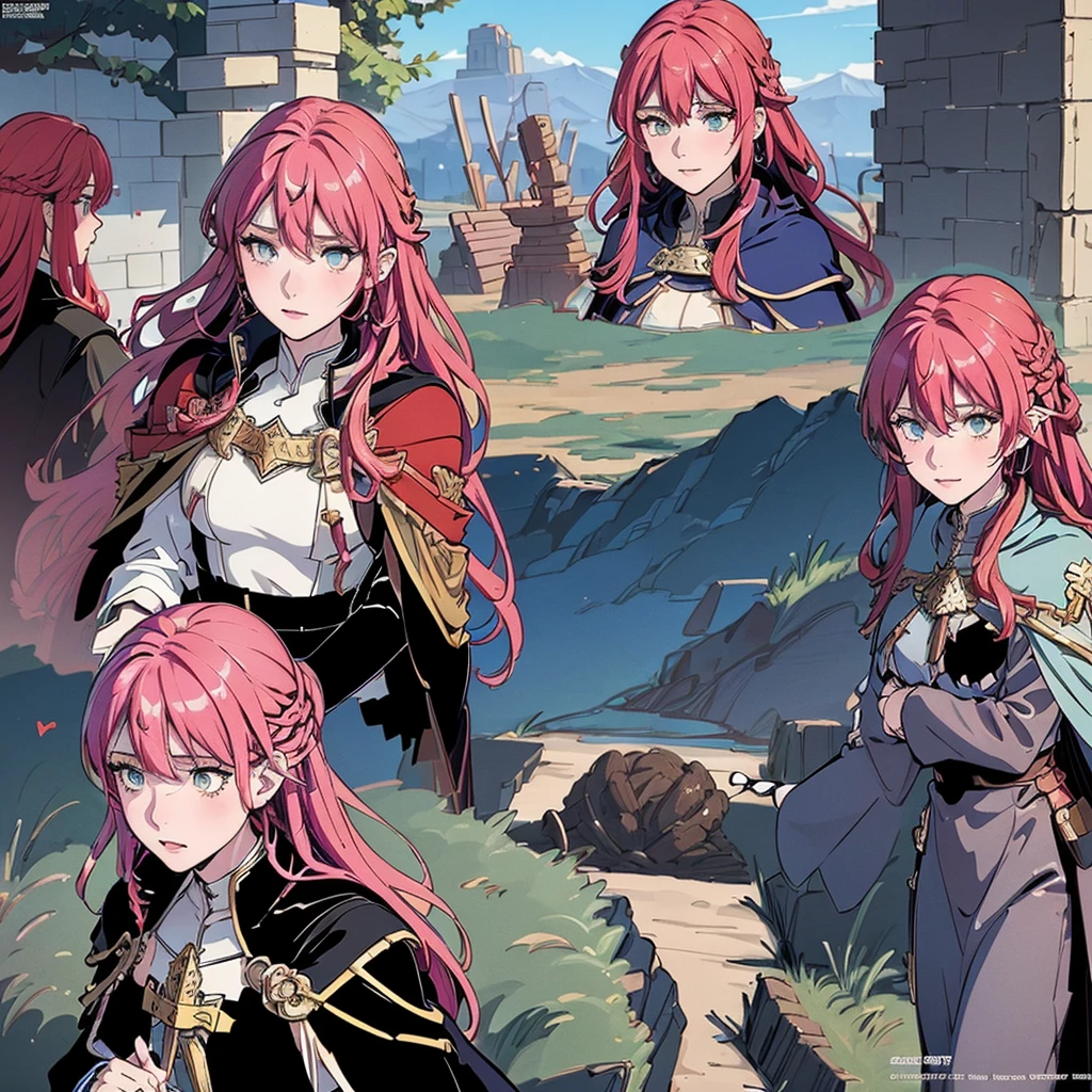 (masseuse piece,best qualityer,ultra detali), (A detailed face), ((character sheet:1.2)), blue colored eyes,(pink  hair:1.1), (long hair), two tone hair,May,Black and red cloak, flat-chested, dagger decoration,((fire emblem)), 1 girl in, the same character,  (magazine:1.3), (cape style:1.3)