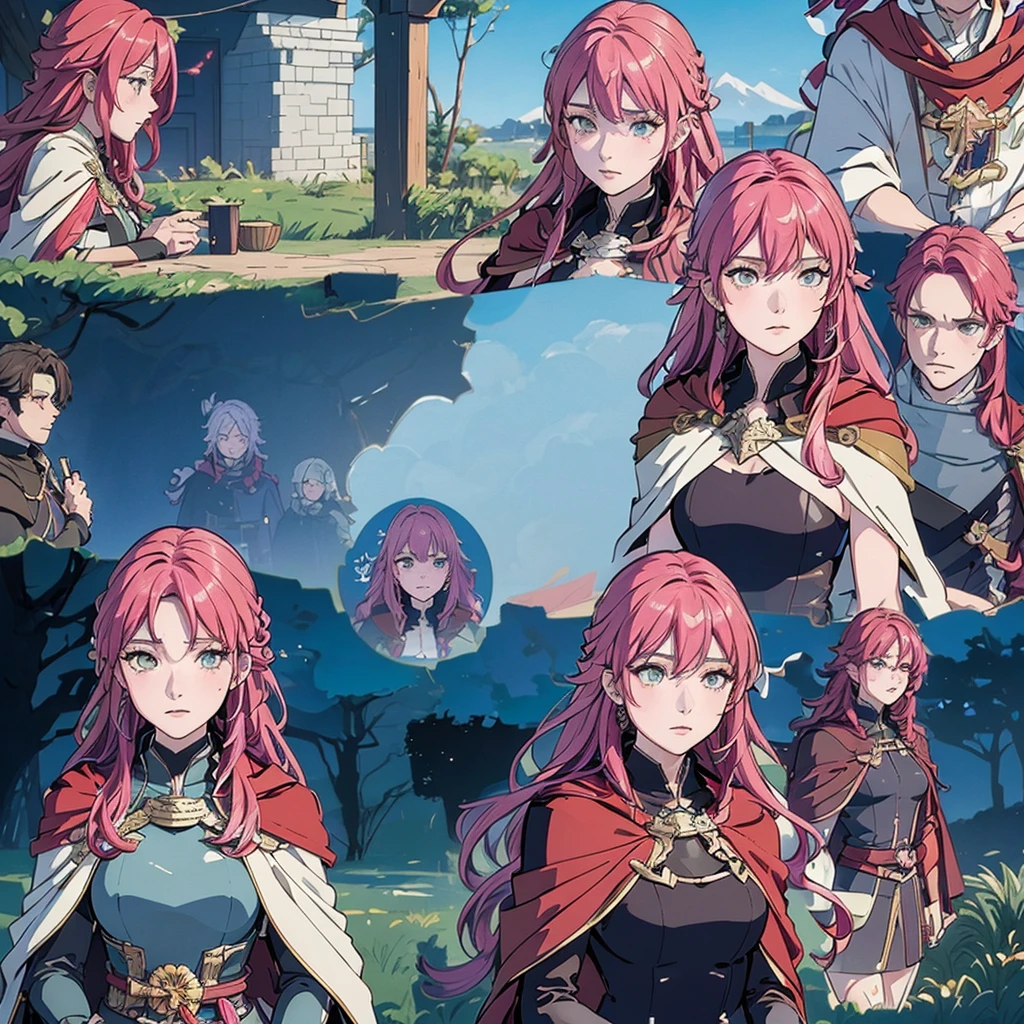 (masseuse piece,best qualityer,ultra detali), (A detailed face), ((character sheet:1.2)), blue colored eyes,(pink  hair:1.1), (long hair), two tone hair,May,Black and red cloak, flat-chested, dagger decoration,((fire emblem)), 1 girl in, the same character,  (magazine:1.3), (cape style:1.3)