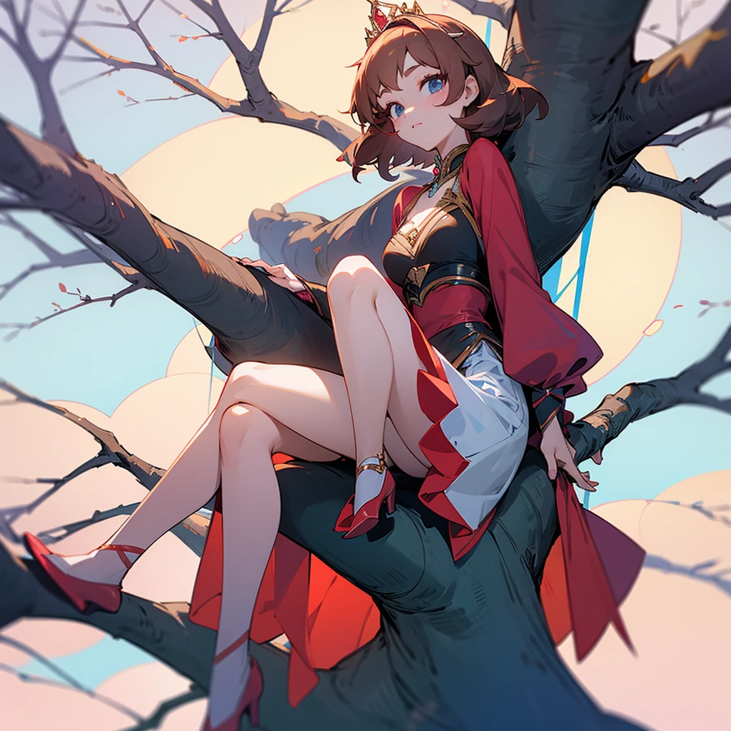 A beautiful princess in a short dress showing her legs sitting on a tree branch