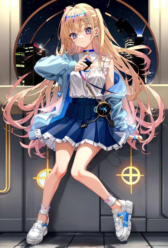 Eyecolor: Blue, Haircolor: Blond, Age: 15, Skirt: blue mini-skirt with open side, Top: Light pink Sleeveless shirt, Jacket: Denim Jacket, Shoe's: White sneakers with pink accents, Watch: Apple Watch Ultra 2 (Wearing on Left Arm)