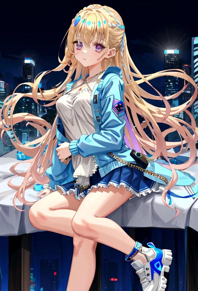 Eyecolor: Blue, Haircolor: Blond, Age: 15, Skirt: blue mini-skirt with open side, Top: Light pink Sleeveless shirt, Jacket: Denim Jacket, Shoe's: White sneakers with pink accents, Watch: Apple Watch Ultra 2 (Wearing on Left Arm)