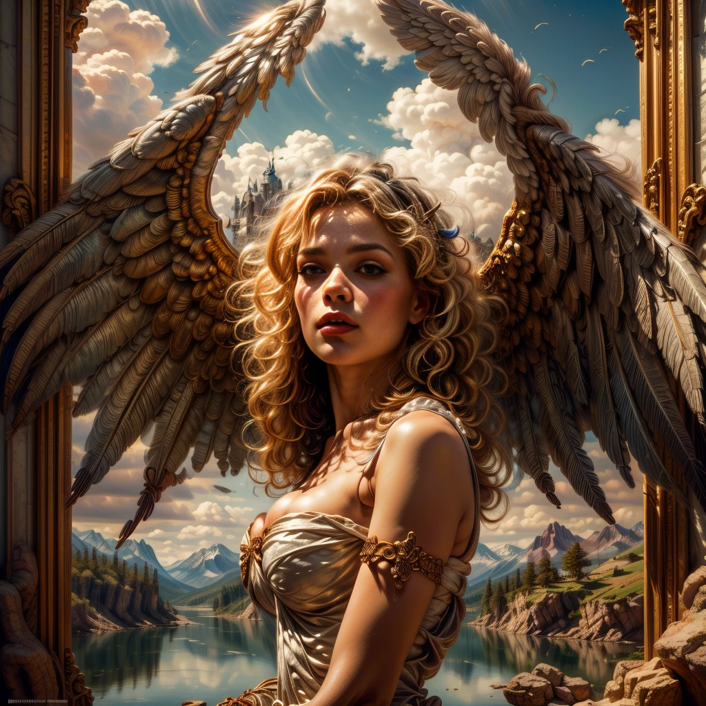 (Bust:1.5), solo highly detailed and beautiful angel with a divine halo above his head,(Center of angel's body_Symmetrical_White color_Delicately detailed angel wings:1.5),Exquisite and detailed facial features,(Beautiful blonde curly hair:1.4),Highly detailed face and hair,Long eyelashes,Beautifully detailed eyes,Beautifully detailed lips,Flowing white_elegant dress,Glowing aura,Stunning landscape of heavenly scenery,Rolling hills,Lush meadows and sparkling lake,(Highest quality,4k,8k,High resolution,Masterpiece:1.2),Ultra detailed,(Realistic,Photorealistic,Photorealistic:1.37),HDR,UHD,Studio lighting,Ultra fine painting,Sharp focus,Physically based rendering,Extreme detail description,Professional,Vivid colors,Bokeh,Scenery,Peaceful,Idyllic,Golden hour lighting,Dramatic sky,Fluffy clouds,Reflecting lake,Vibrant greenery,Wildflowers,Ancient castle,Medieval architecture