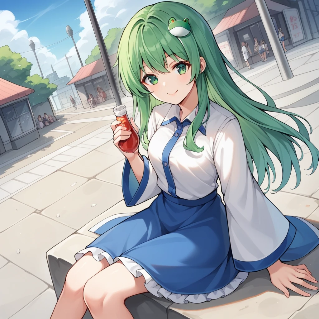 score_9, score_8_superior, score_7_superior, score_6_superior, score_5_superior, score_4_superior, sauce_anime, evaluation_Safety, Break Sanae Kochiya, One girl, Green Hair, Long Hair, Green Eyes, Frog hair ornament, Hair Tube, Snake hair ornament, Collared shirt, White shirt, Removable sleeves, Wide sleeves, Blue Skirt, Frilled Skirt, smile, Dutch Angle, View your viewers, In-person audience, rock, Sitting,Streetscape, summer leaves, summer