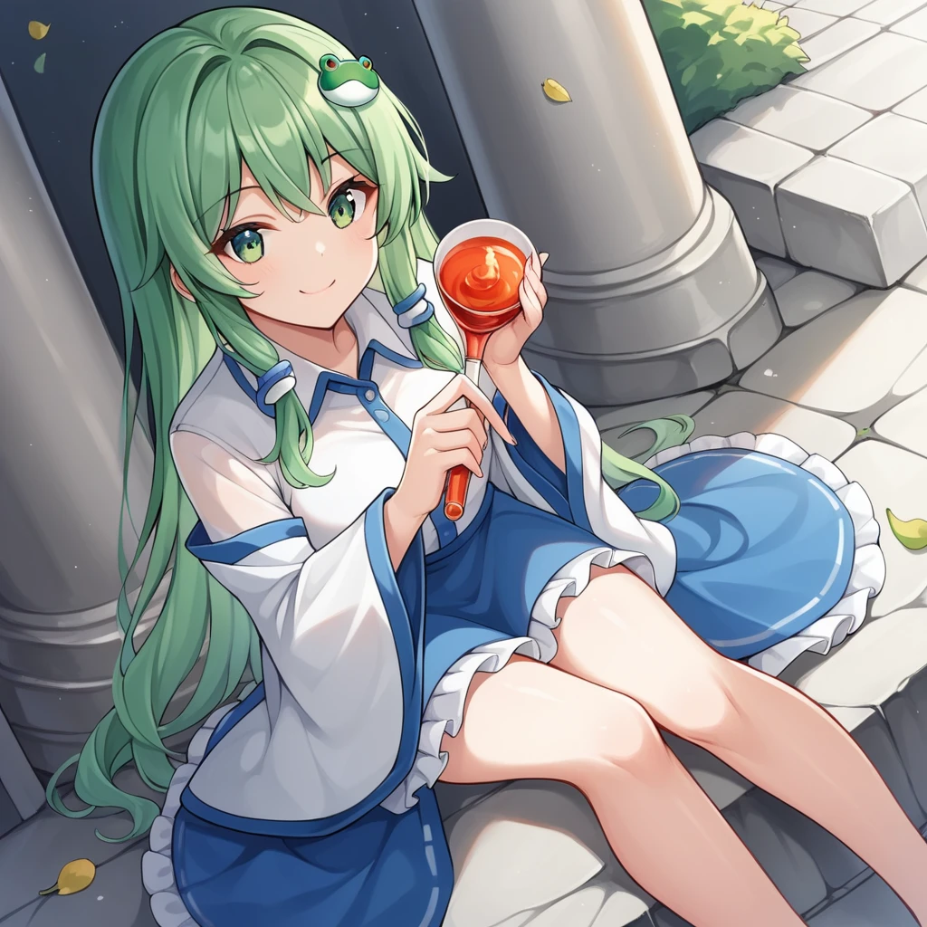 score_9, score_8_superior, score_7_superior, score_6_superior, score_5_superior, score_4_superior, sauce_anime, evaluation_Safety, Break Sanae Kochiya, One girl, Green Hair, Long Hair, Green Eyes, Frog hair ornament, Hair Tube, Snake hair ornament, Collared shirt, White shirt, Removable sleeves, Wide sleeves, Blue Skirt, Frilled Skirt, smile, Dutch Angle, View your viewers, In-person audience, rock, Sitting,Streetscape, summer leaves, summer
